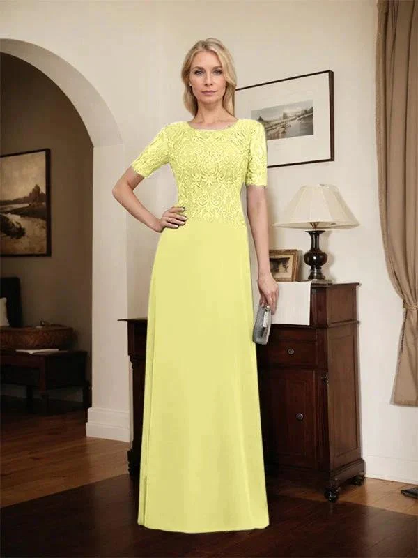 A-line Scoop Floor-Length Lace Chiffon Mother of the Bride Dress With Sequins - Image 57