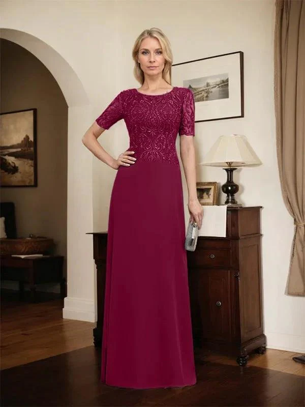 A-line Scoop Floor-Length Lace Chiffon Mother of the Bride Dress With Sequins - Image 58