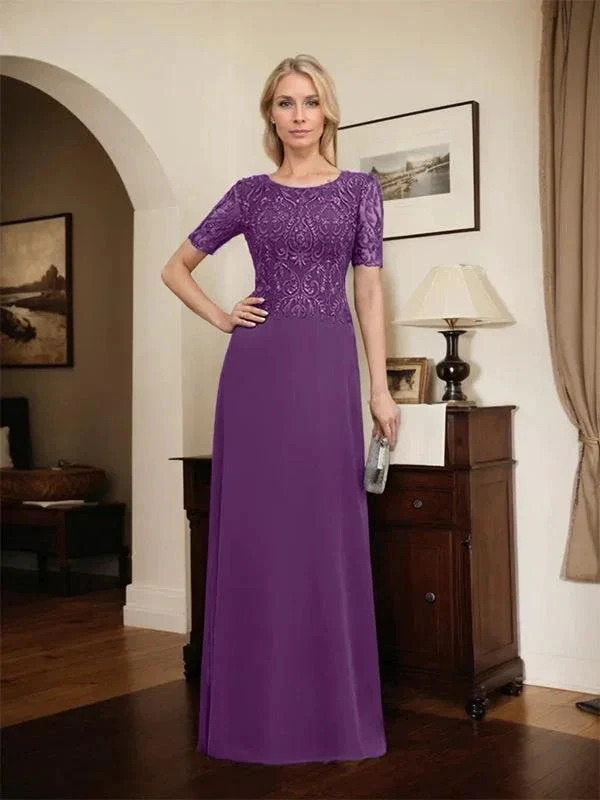 A-line Scoop Floor-Length Lace Chiffon Mother of the Bride Dress With Sequins - Image 59
