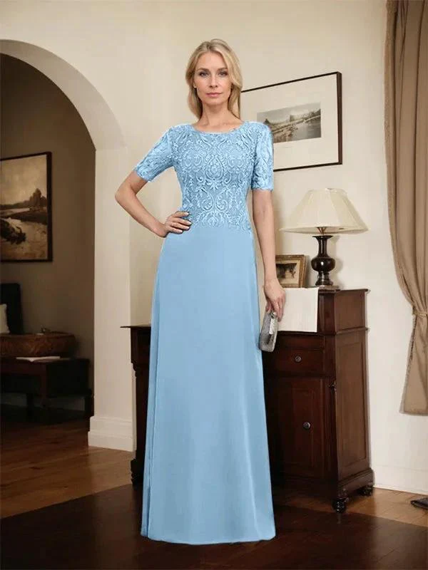 A-line Scoop Floor-Length Lace Chiffon Mother of the Bride Dress With Sequins - Image 61