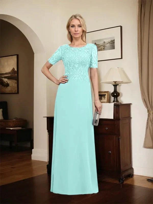 A-line Scoop Floor-Length Lace Chiffon Mother of the Bride Dress With Sequins - Image 62