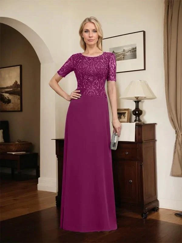 A-line Scoop Floor-Length Lace Chiffon Mother of the Bride Dress With Sequins - Image 63