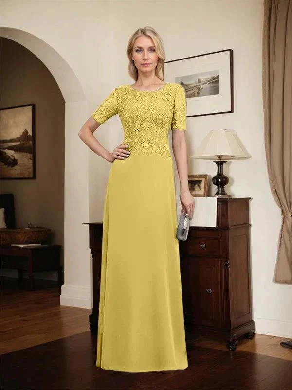 A-line Scoop Floor-Length Lace Chiffon Mother of the Bride Dress With Sequins - Image 65