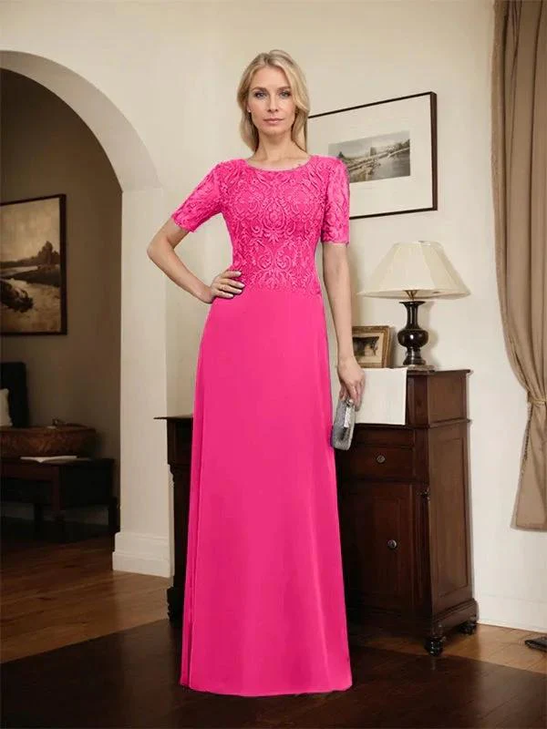 A-line Scoop Floor-Length Lace Chiffon Mother of the Bride Dress With Sequins - Image 66