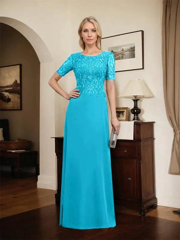 A-line Scoop Floor-Length Lace Chiffon Mother of the Bride Dress With Sequins - Image 67