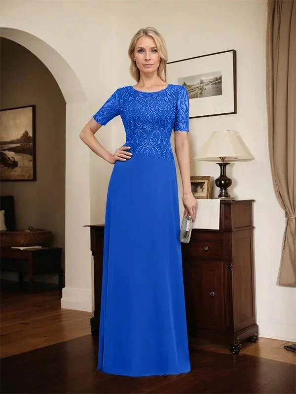 A-line Scoop Floor-Length Lace Chiffon Mother of the Bride Dress With Sequins - Image 68