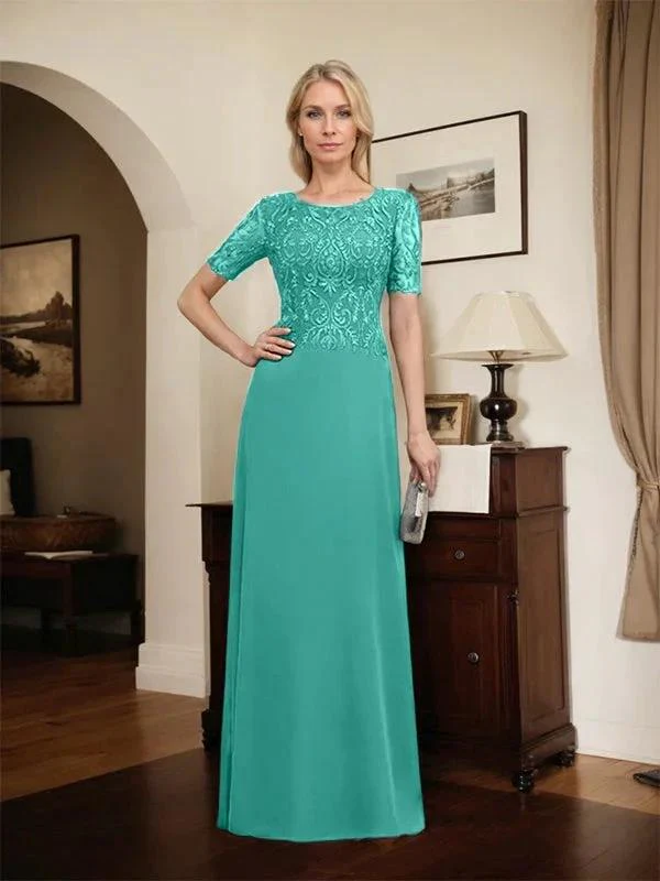 A-line Scoop Floor-Length Lace Chiffon Mother of the Bride Dress With Sequins - Image 69