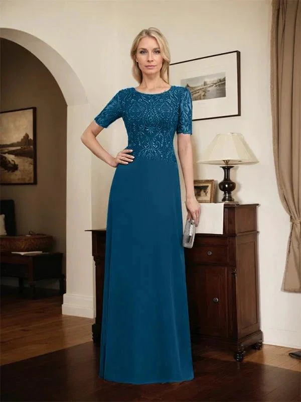A-line Scoop Floor-Length Lace Chiffon Mother of the Bride Dress With Sequins - Image 70