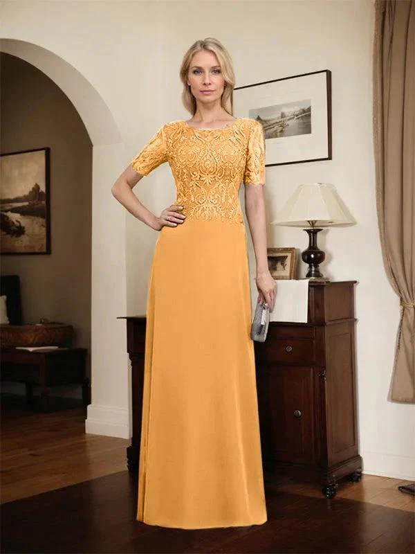 A-line Scoop Floor-Length Lace Chiffon Mother of the Bride Dress With Sequins - Image 72