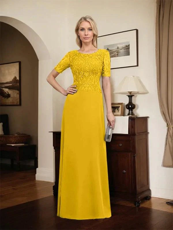 A-line Scoop Floor-Length Lace Chiffon Mother of the Bride Dress With Sequins - Image 73