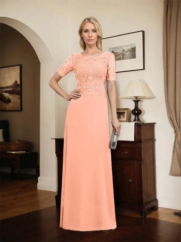 A-line Scoop Floor-Length Lace Chiffon Mother of the Bride Dress With Sequins - Image 74