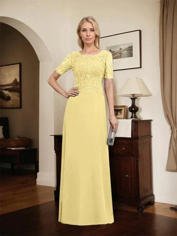 A-line Scoop Floor-Length Lace Chiffon Mother of the Bride Dress With Sequins - Image 75