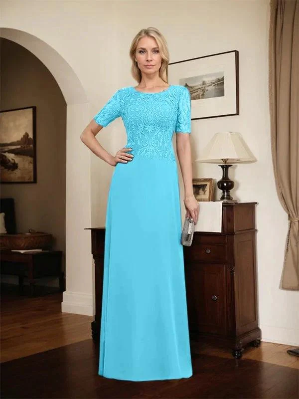 A-line Scoop Floor-Length Lace Chiffon Mother of the Bride Dress With Sequins - Image 76