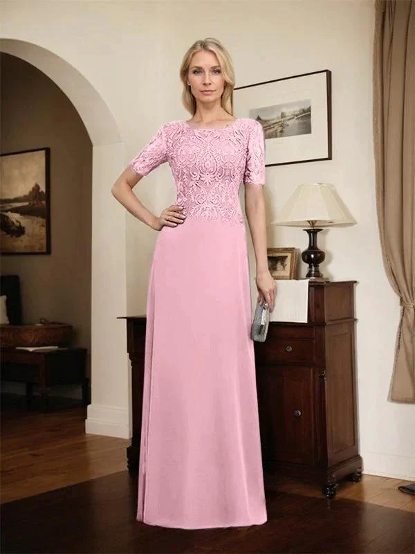 A-line Scoop Floor-Length Lace Chiffon Mother of the Bride Dress With Sequins - Image 77