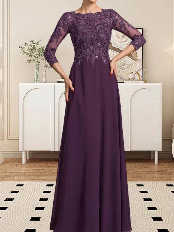 A-line Scoop Floor-Length Lace Chiffon Mother of the Bride Dress With Sequins - Image 5