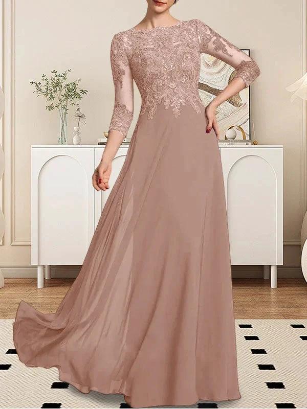A-line Scoop Floor-Length Lace Chiffon Mother of the Bride Dress With Sequins - Image 59
