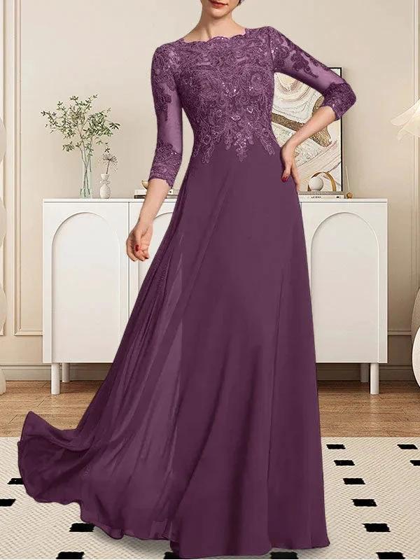 A-line Scoop Floor-Length Lace Chiffon Mother of the Bride Dress With Sequins - Image 62