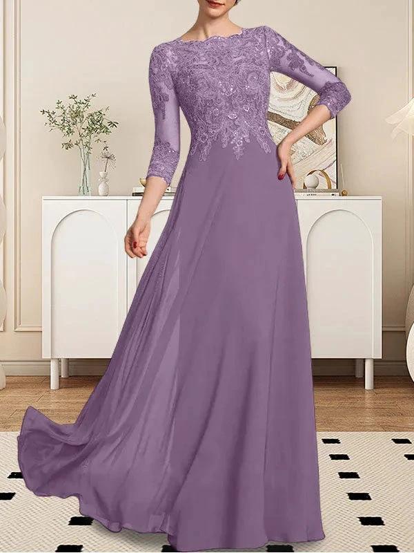 A-line Scoop Floor-Length Lace Chiffon Mother of the Bride Dress With Sequins - Image 64