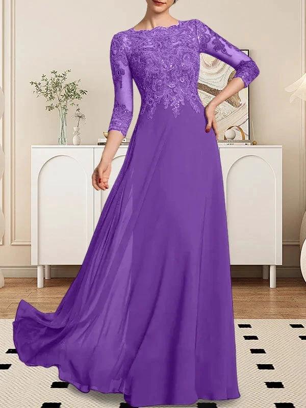 A-line Scoop Floor-Length Lace Chiffon Mother of the Bride Dress With Sequins - Image 75