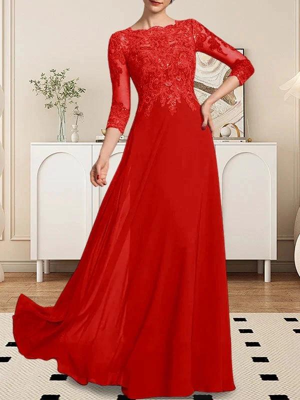 A-line Scoop Floor-Length Lace Chiffon Mother of the Bride Dress With Sequins - Image 76