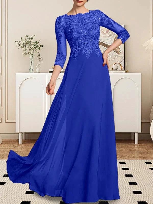 A-line Scoop Floor-Length Lace Chiffon Mother of the Bride Dress With Sequins - Image 77