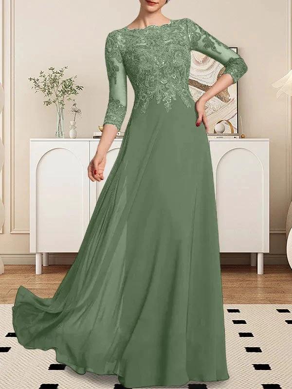 A-line Scoop Floor-Length Lace Chiffon Mother of the Bride Dress With Sequins - Image 79