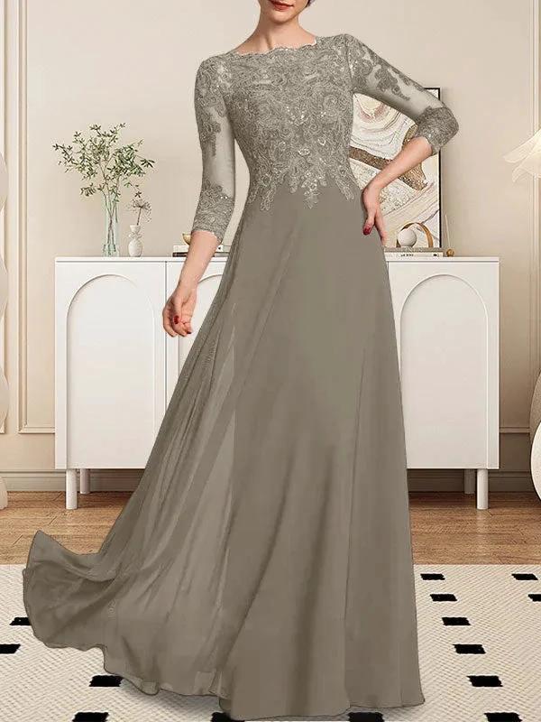A-line Scoop Floor-Length Lace Chiffon Mother of the Bride Dress With Sequins - Image 80