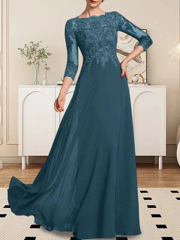 A-line Scoop Floor-Length Lace Chiffon Mother of the Bride Dress With Sequins - Image 81