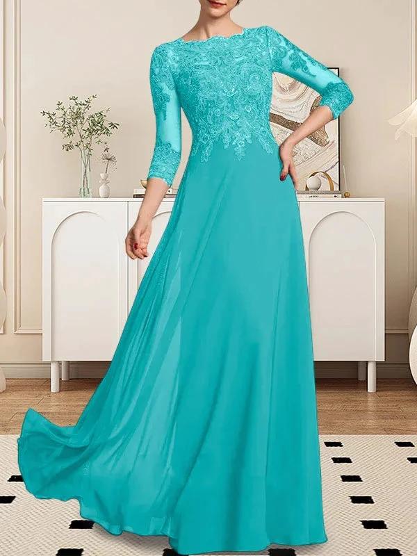 A-line Scoop Floor-Length Lace Chiffon Mother of the Bride Dress With Sequins - Image 82