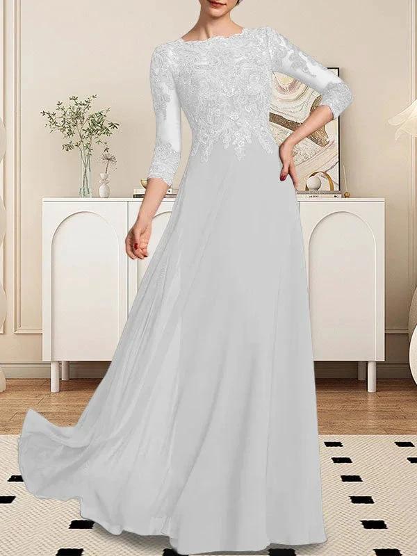 A-line Scoop Floor-Length Lace Chiffon Mother of the Bride Dress With Sequins - Image 83