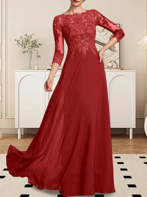 A-line Scoop Floor-Length Lace Chiffon Mother of the Bride Dress With Sequins - Image 84