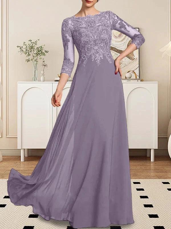 A-line Scoop Floor-Length Lace Chiffon Mother of the Bride Dress With Sequins - Image 85