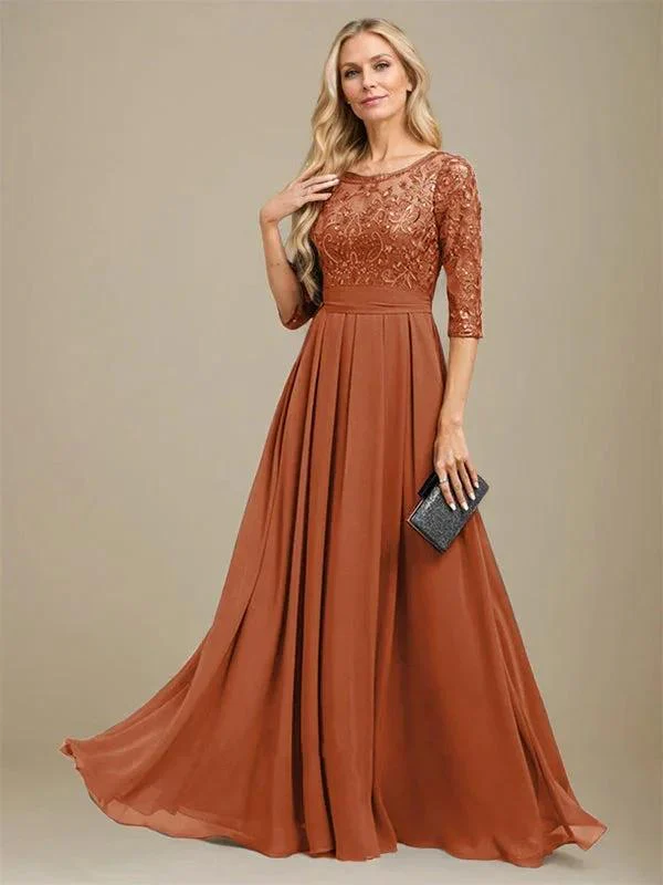 A-Line Scoop Floor-Length Lace Chiffon Mother Of the Bride Dress With Sequins Applique - Image 11