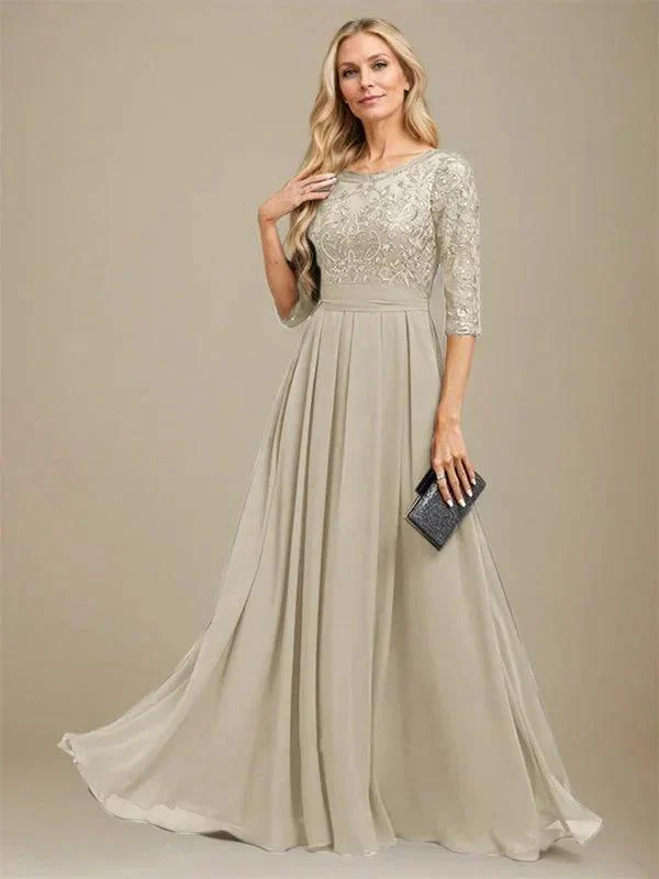 A-Line Scoop Floor-Length Lace Chiffon Mother Of the Bride Dress With Sequins Applique - Image 12