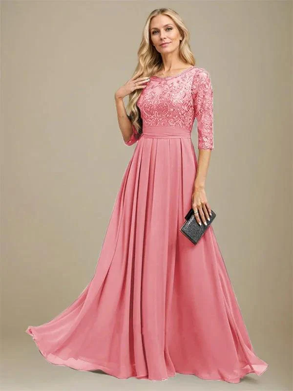 A-Line Scoop Floor-Length Lace Chiffon Mother Of the Bride Dress With Sequins Applique - Image 15