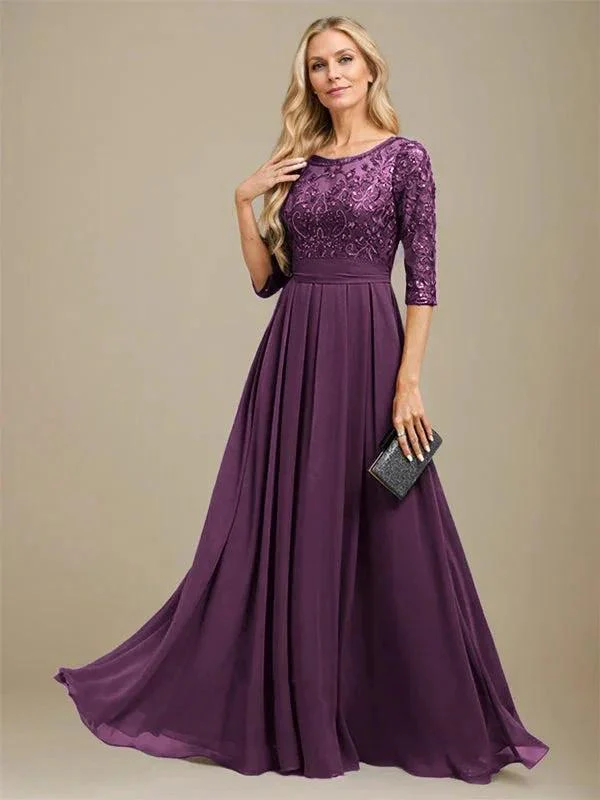A-Line Scoop Floor-Length Lace Chiffon Mother Of the Bride Dress With Sequins Applique - Image 18