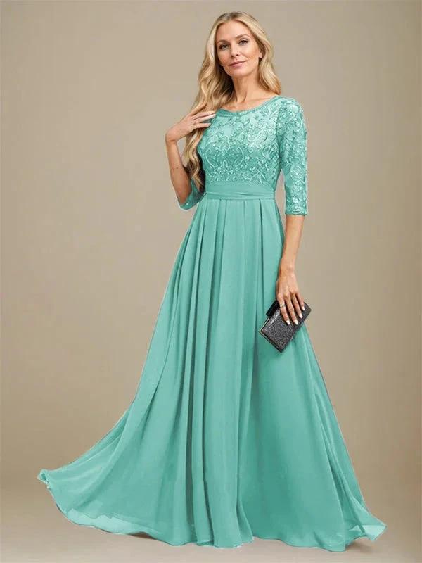 A-Line Scoop Floor-Length Lace Chiffon Mother Of the Bride Dress With Sequins Applique - Image 21
