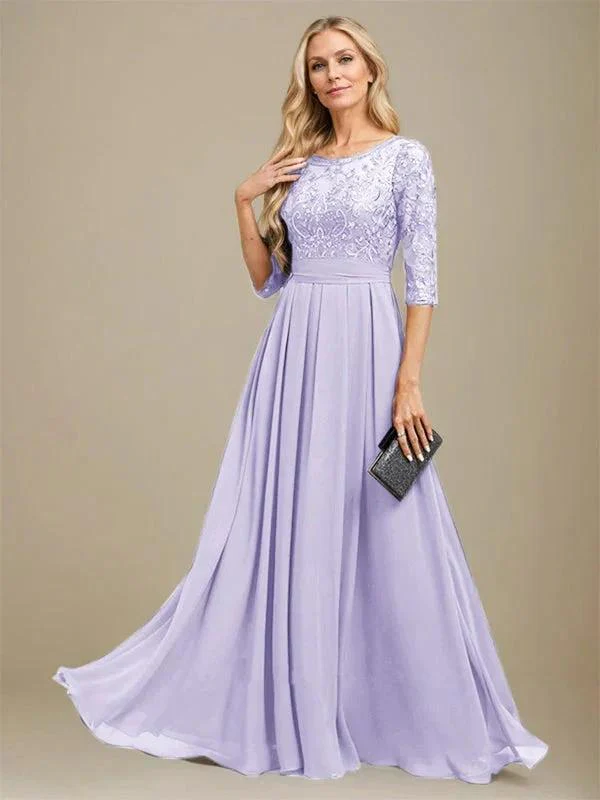 A-Line Scoop Floor-Length Lace Chiffon Mother Of the Bride Dress With Sequins Applique - Image 22