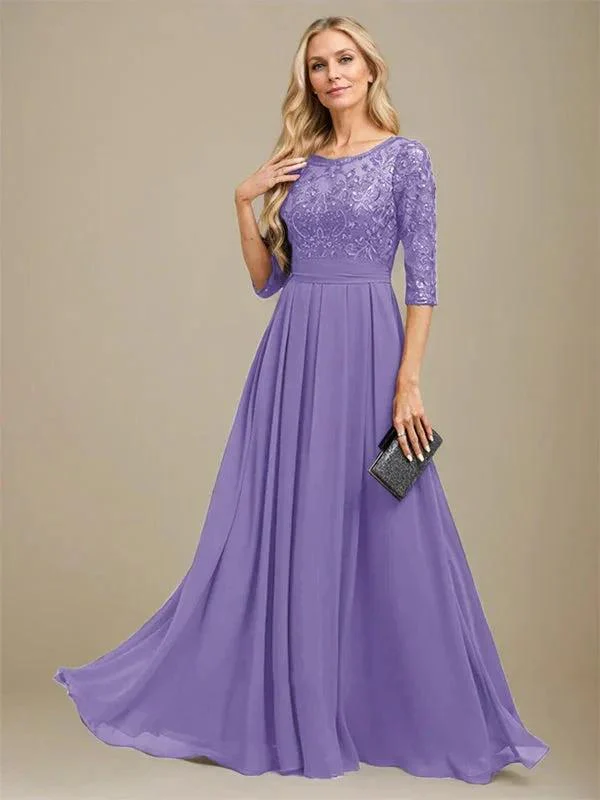 A-Line Scoop Floor-Length Lace Chiffon Mother Of the Bride Dress With Sequins Applique - Image 23