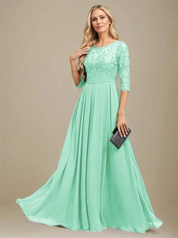 A-Line Scoop Floor-Length Lace Chiffon Mother Of the Bride Dress With Sequins Applique - Image 26