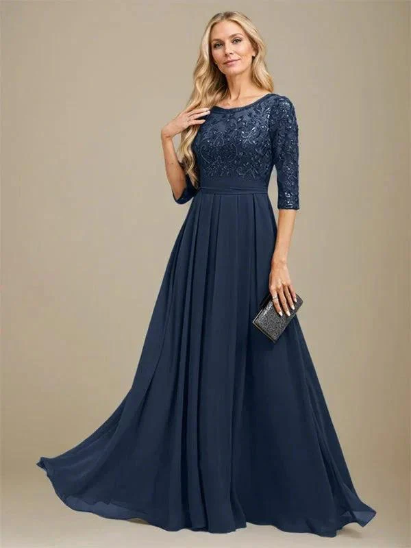 A-Line Scoop Floor-Length Lace Chiffon Mother Of the Bride Dress With Sequins Applique - Image 27