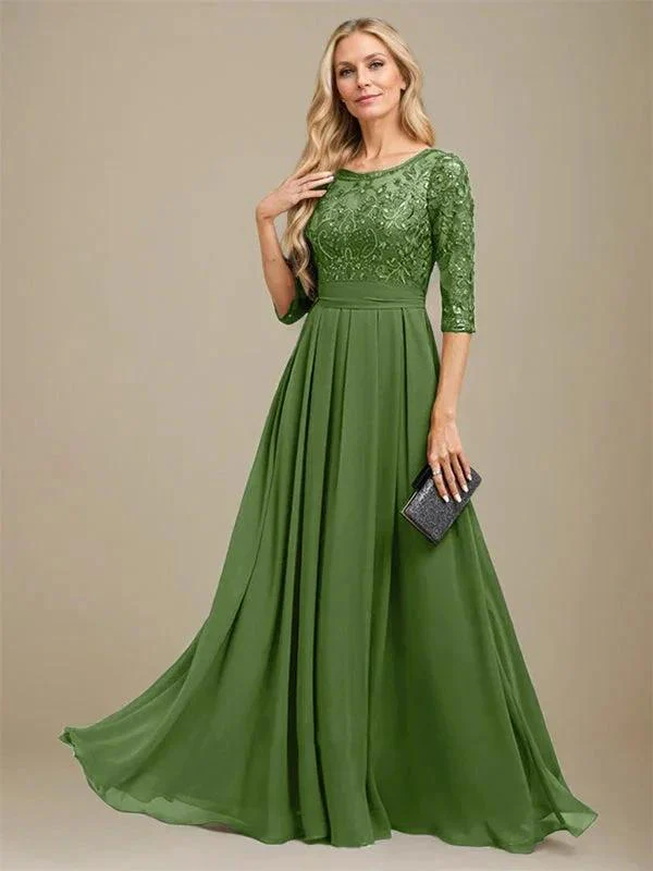 A-Line Scoop Floor-Length Lace Chiffon Mother Of the Bride Dress With Sequins Applique - Image 28