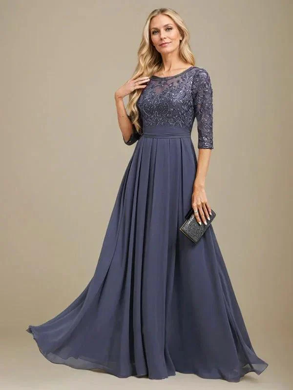 A-Line Scoop Floor-Length Lace Chiffon Mother Of the Bride Dress With Sequins Applique - Image 3