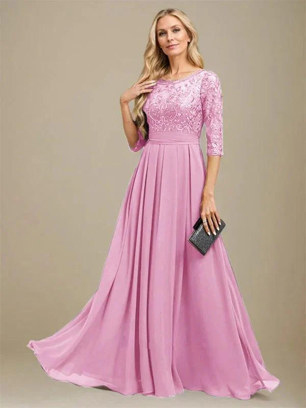 A-Line Scoop Floor-Length Lace Chiffon Mother Of the Bride Dress With Sequins Applique - Image 31