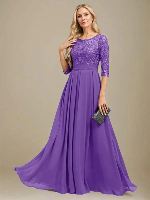 A-Line Scoop Floor-Length Lace Chiffon Mother Of the Bride Dress With Sequins Applique - Image 32