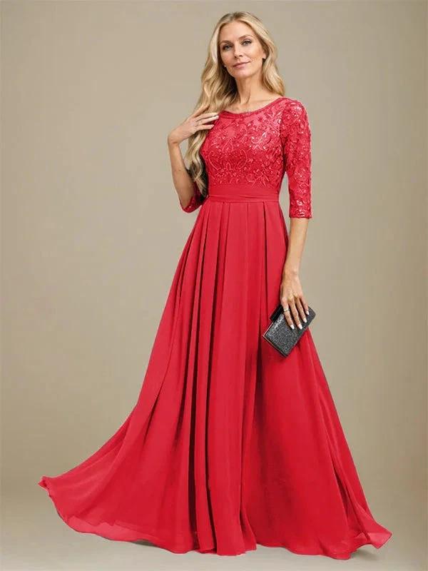 A-Line Scoop Floor-Length Lace Chiffon Mother Of the Bride Dress With Sequins Applique - Image 33