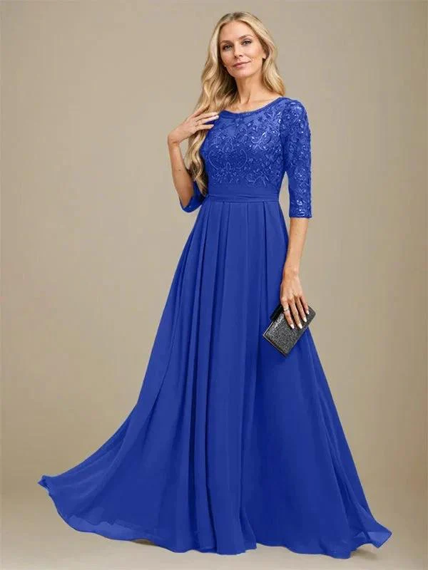 A-Line Scoop Floor-Length Lace Chiffon Mother Of the Bride Dress With Sequins Applique - Image 34