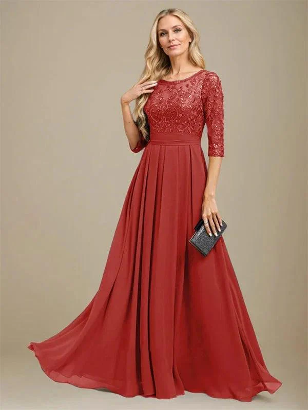 A-Line Scoop Floor-Length Lace Chiffon Mother Of the Bride Dress With Sequins Applique - Image 35