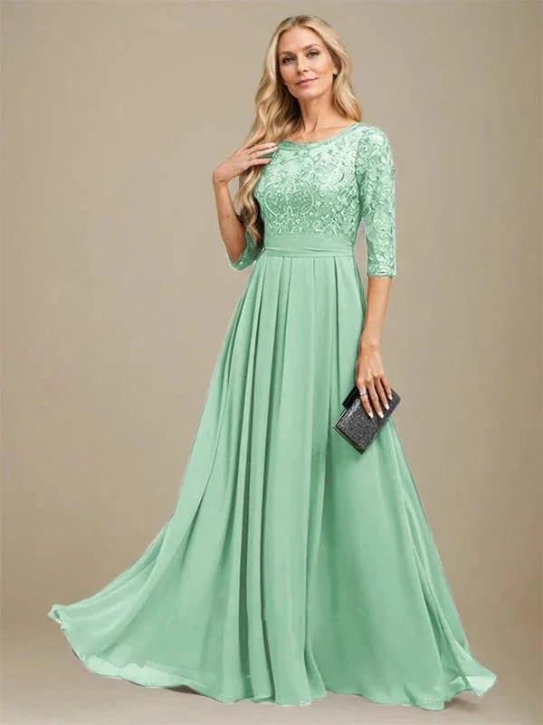 A-Line Scoop Floor-Length Lace Chiffon Mother Of the Bride Dress With Sequins Applique - Image 36