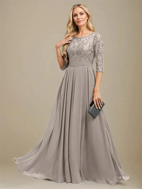 A-Line Scoop Floor-Length Lace Chiffon Mother Of the Bride Dress With Sequins Applique - Image 37